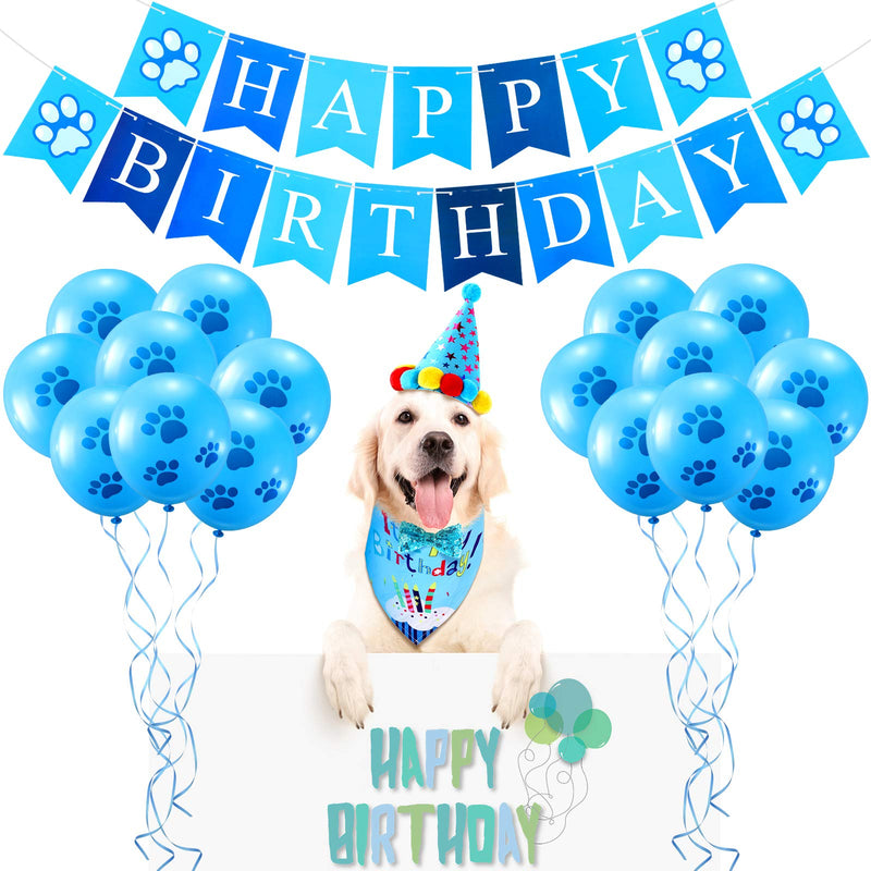 Dog Birthday Bandana Hat Set Dog Birthday Hat Dog Birthday Bandana Scarf Shining Dog Bow Tie Collar Dog Happy Birthday Banner and 10 Piece 12 Inch Paw Print Balloon with Tape for Dog Pet (Blue) Blue - PawsPlanet Australia