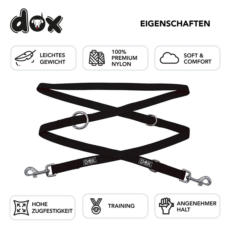 DDOXX dog leash nylon, 3-way adjustable, 2m | for small & large dogs | Double Leash Two Dog Cat Puppy | Towing leash large | Lead leash small | Running leash puppy leash | M, Black M - 2.0 x 200 cm - PawsPlanet Australia