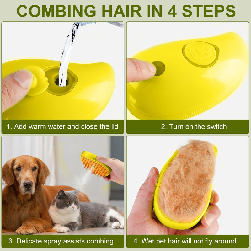 Steamy Cat Brush - 3 In1 Cat Steamy Brush, Self Cleaning Steam Cat Brush, Cat Steamer Brush for Massage, Cat Hair Brush for Removing Tangled and Loosse Hair Yellow - PawsPlanet Australia