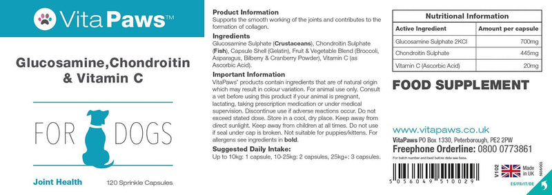 Glucosamine for Dogs with Added Chondroitin and Vitamin C | 120 Sprinkle Capsules | Manufactured in The UK - PawsPlanet Australia