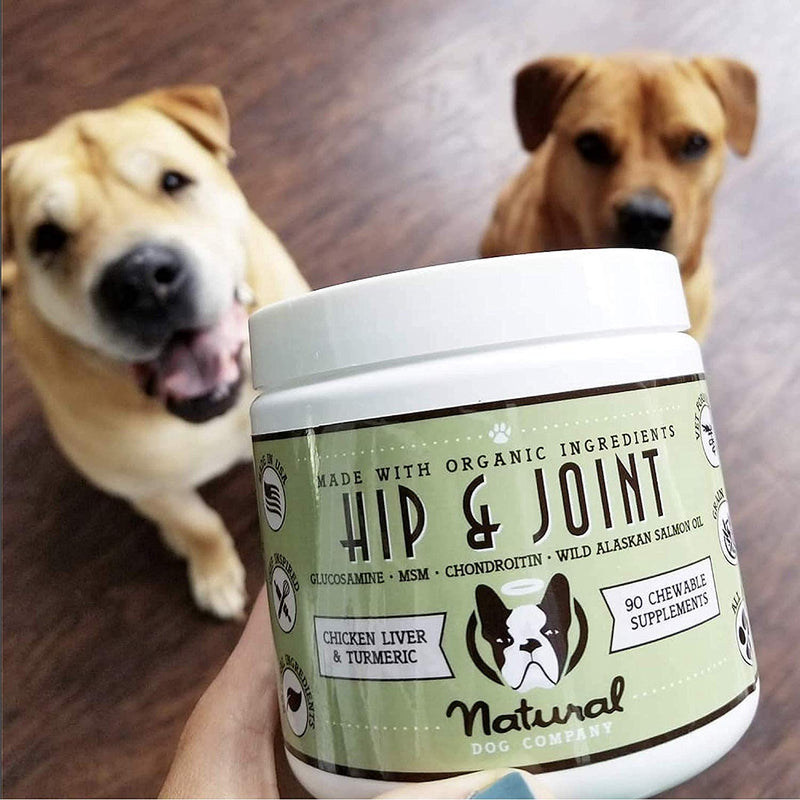 Natural Dog Company - Hip & Joint Supplement with Glucosamine, Chondroitin and Salmon Oil, Promotes Mobility and Joint Pain, Chicken Liver & Turmeric Flavor, 90 Chews - PawsPlanet Australia