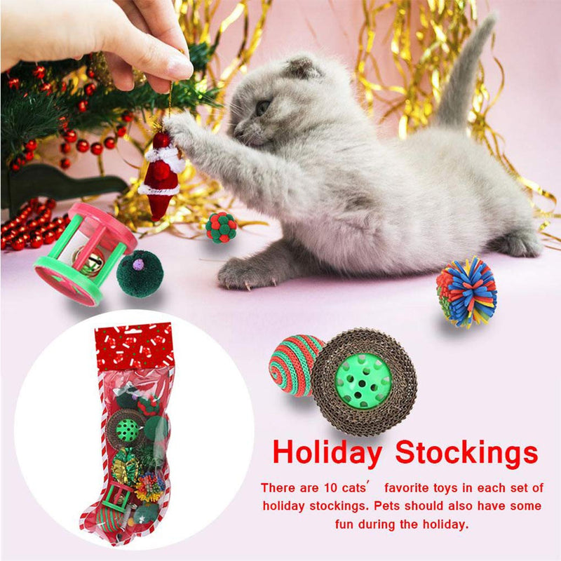 [Australia] - KMNKSCN Christmas Cat Stocking Toys Cat Chasing Interactive Toys for Kitten and Cats Xmas Festive Gift Set Variety Pack Toy, Teaser Wand, Balls, and Bells Toys 10PCS 