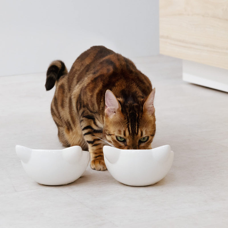 Navaris 2 x Ceramic Cat Bowls - Twin Pack of Cat Feeding Dishes with Anti Slip Silicone Feet - Grey and Beige Cat Shaped Food and Water Bowls for Cats - PawsPlanet Australia