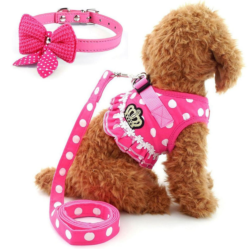 [Australia] - Cute Small Dog Harness, Ladies Polka Dots Dog Vest Harness Set with Pink Leash and Bowknot Collar, 3 in 1 Girl Style Vest Harness Set for Puppy and Cat S 