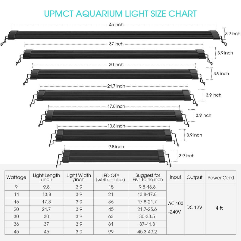 [Australia] - UPMCT Aquarium Light, 11-56 Inches Fish Tank Light with Extendable Brackets, 2-Channel Control White and Blue LEDs with Brightness, Color Rendering and Good Lighting Effect (11-14 in) 11-14 in 