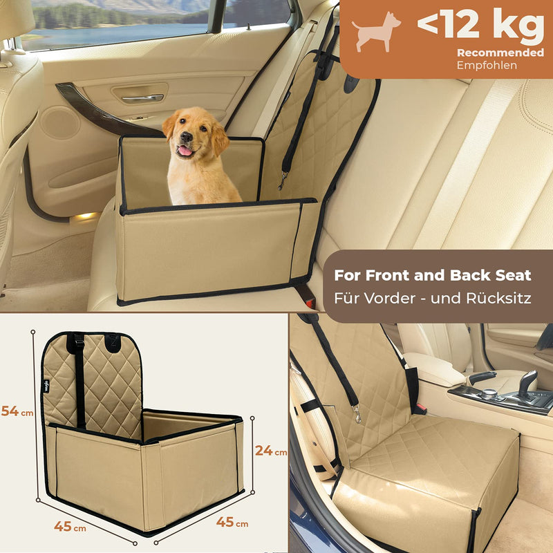Extra Stable Dog Car Seat Car Dog Seat for Small to Medium Dogs - Reinforced Walls and 3 Straps - Waterproof Dog Car Seat for Back and Front Seat (Beige/Black) Beige / Black - PawsPlanet Australia