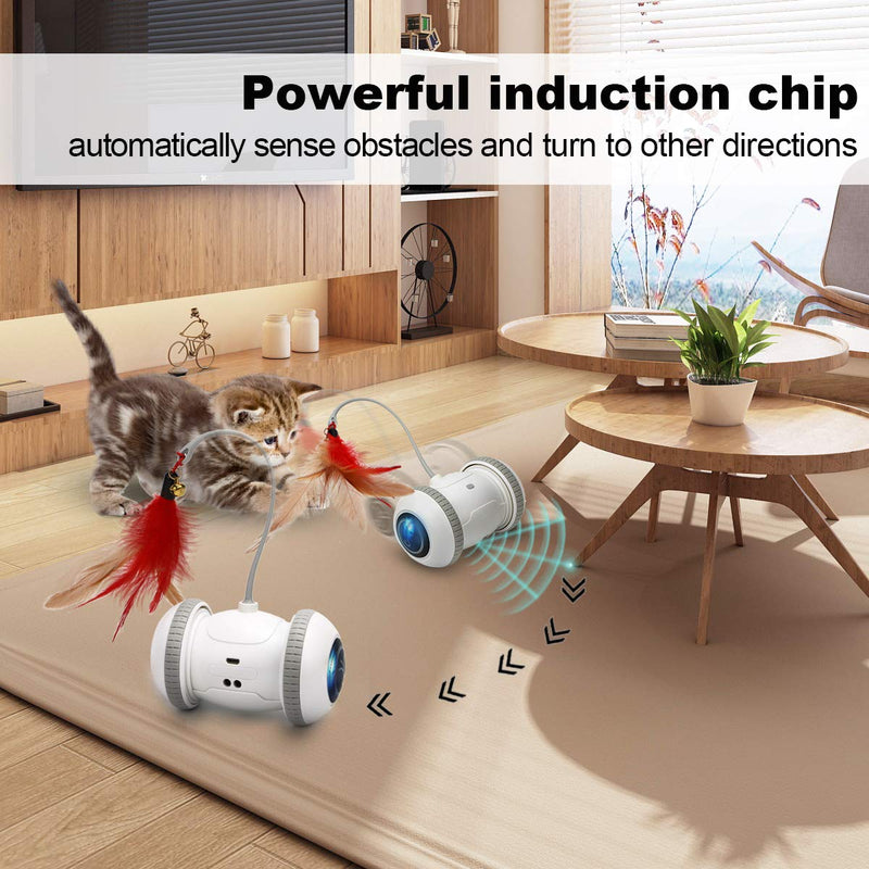 [Australia] - Nueplay Cat Toys Robotic Interactive Indoor Electronic Toys with LED Light 360 Degree Rotation Sensor Mode Freestyle Mode USB Rechargeable Battery Balls Toys for Pets Kitten Kitty Bonus 2 Feathers 