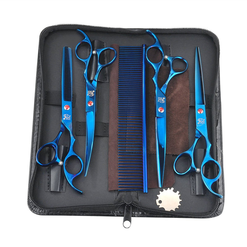 Dog grooming scissors set kit table cutting face paws groomer Thinning Straight Curved shear buttercut blades large finger holes professional supplies for small dogs cats horses 5pcs-Blue - PawsPlanet Australia