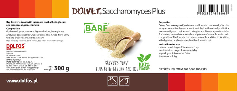 PETS Dolfos Dolvet Saccharomyces Plus 300g Brewer's yeast Prebiotic Beta Glucan for Dogs & Cats BARF 100% Natural - PawsPlanet Australia