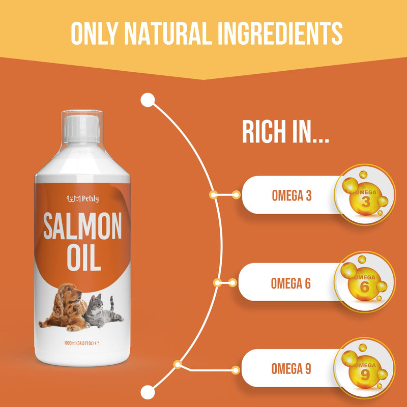 PETSLY Premium Salmon Oil Dog & Cat Care - nutrient-rich salmon oil for dogs and cats Makes your four-legged friend's fur supple and soft with Omega 3, salmon oil for cats, fish oil for dogs (1000ml) 1000ml - PawsPlanet Australia