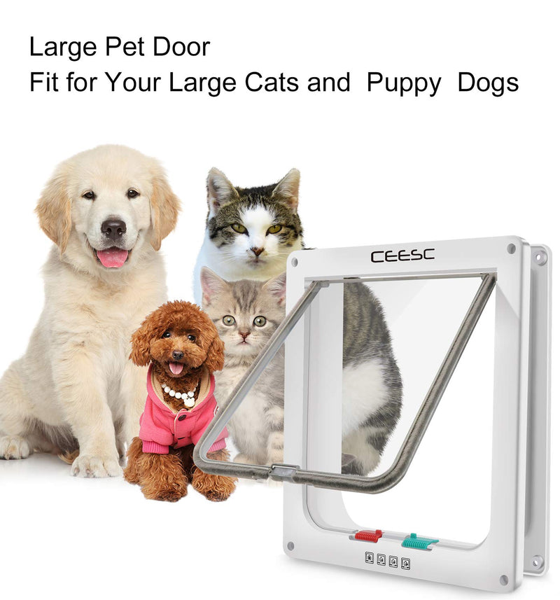 CEESC Extra Large Cat Door (Outer Size 11" x 9.8"), 4 Way Locking Large Cat Door for Interior Exterior Doors, Weatherproof Pet Door for Cats & Doggie with Circumference < 24.8" (White) - PawsPlanet Australia