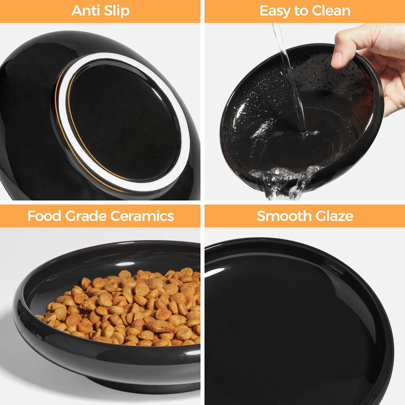 ComSaf Ceramic Cat Feeding Bowl, Wide Shallow Cat Food Water Dish, Whisker Friendly Design, Non Spill Pet Bowl, 300ML, Pack of 1 Black - PawsPlanet Australia