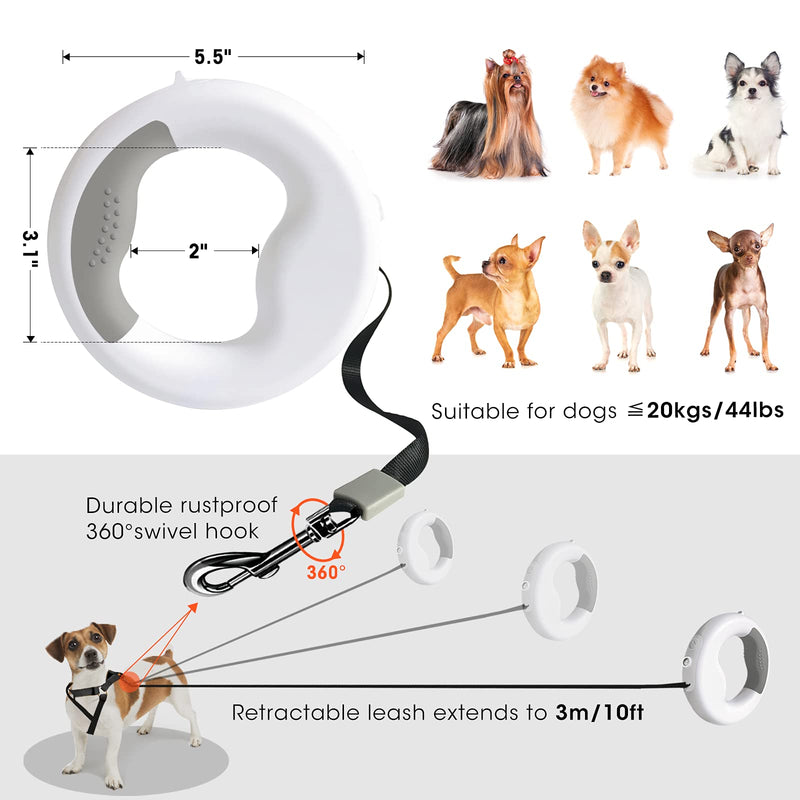 Retractable Dog Leash with LED Light, 10ft Dog Walking Leash Nylon Traction Rope with Anti-Slip Handle for Small Medium Dog Up to 44lb, 360° Tangle Free White - PawsPlanet Australia