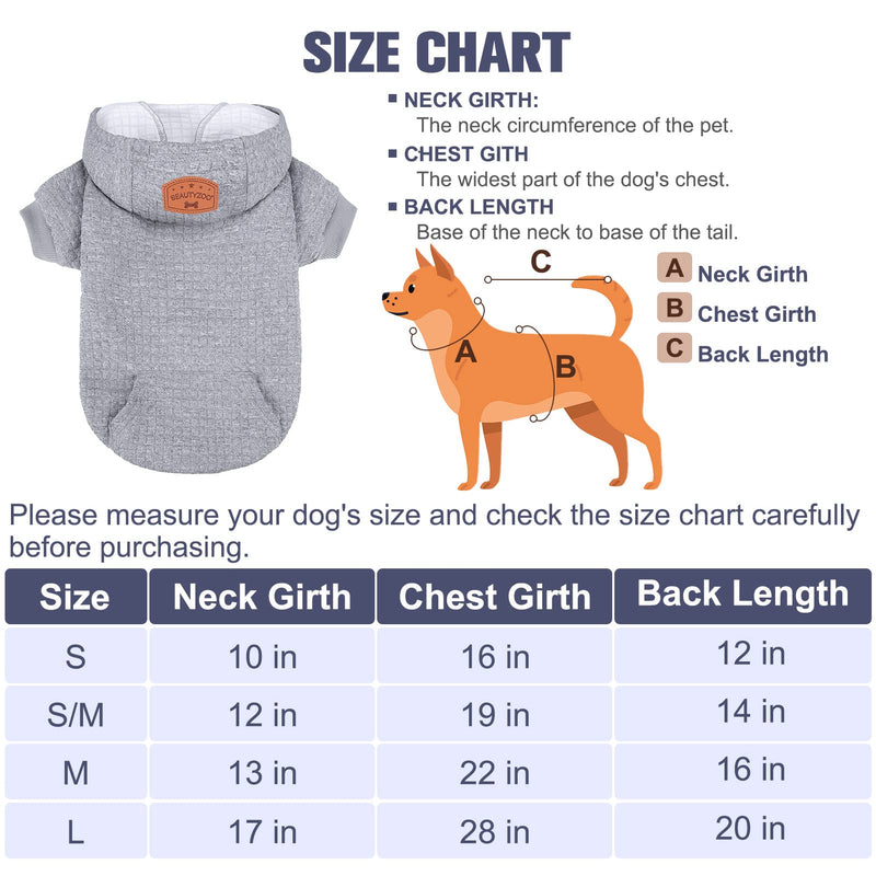 BEAUTYZOO Small Dog Hoodie Sweater with Pockets, Dog Clothes for Small Medium Dogs Boy Girl, Waffle-like Laminated Cotton Pet Coats with Hat and Leash Hole, All Weather Coat for Puppy Doggie Chihuahua Small/Medium(Back Length 14") Grey - PawsPlanet Australia