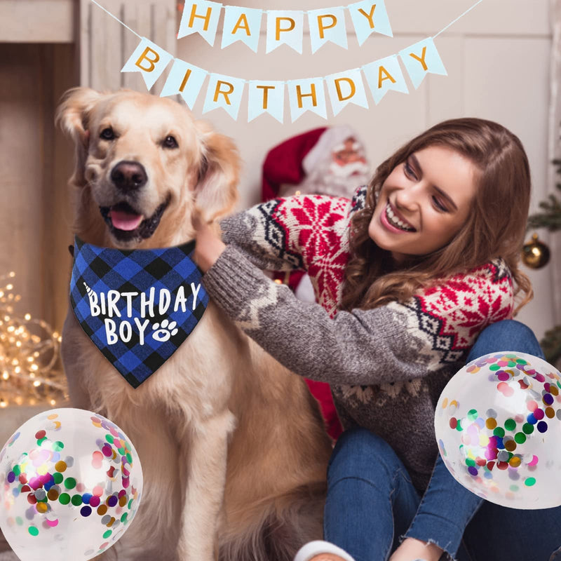 VEGCOO 6 Pcs Dog Birthday Party Supplies Cute Dog Birthday Bandana Set, Dog Happy birthday Banner Dog Birthday Balloons Dog Bow Tie Collar Pet Hair Remover for Boys Birthday Decorations(Blue) A - PawsPlanet Australia