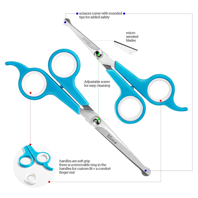 Boshel Dog Grooming Scissors Set of 2 Pet Grooming Scissors - Safety Rounded Tips - Micro-serrated Smaller Scissor for Face, Ear, Nose & Paw + Larger, Sharp Scissor for Dog & Cat Body Trimming - PawsPlanet Australia