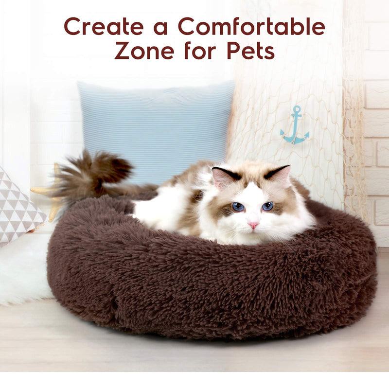 rabbitgoo Cat Bed for Indoor Cats, 20 x 20 inches Fluffy Round Self Warming Calming Soft Plush Donut Cuddler Cushion Pet Bed for Small Dogs Kittens, Machine Washable, Non-Slip, Dark Brown, Medium - PawsPlanet Australia