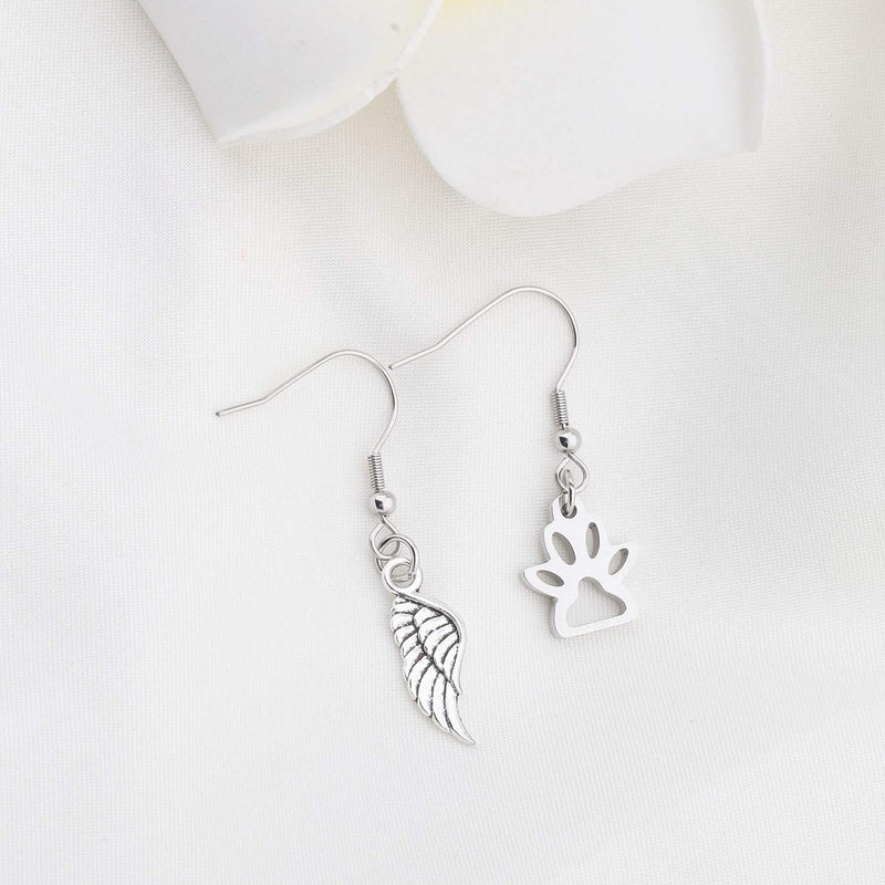 [Australia] - bobauna Pet Memorial Jewelry Paw Print And Angel Wing Asymmetrical Drop Earrings Sympathy Remembrance Gift For Pet Lover pet memorial earrings 