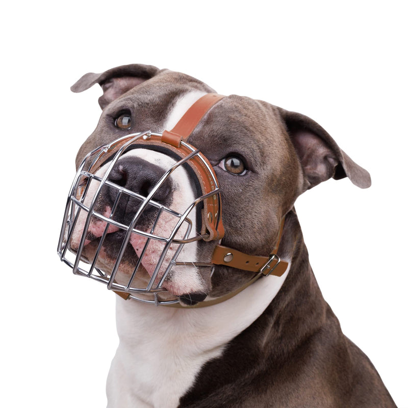 BRONZEDOG Pitbull Dog Muzzle Breathable Metal Basket for Large Dogs Amstaff Staffordshire Terrier Biting Chewing Barking (Brown) Brown - PawsPlanet Australia