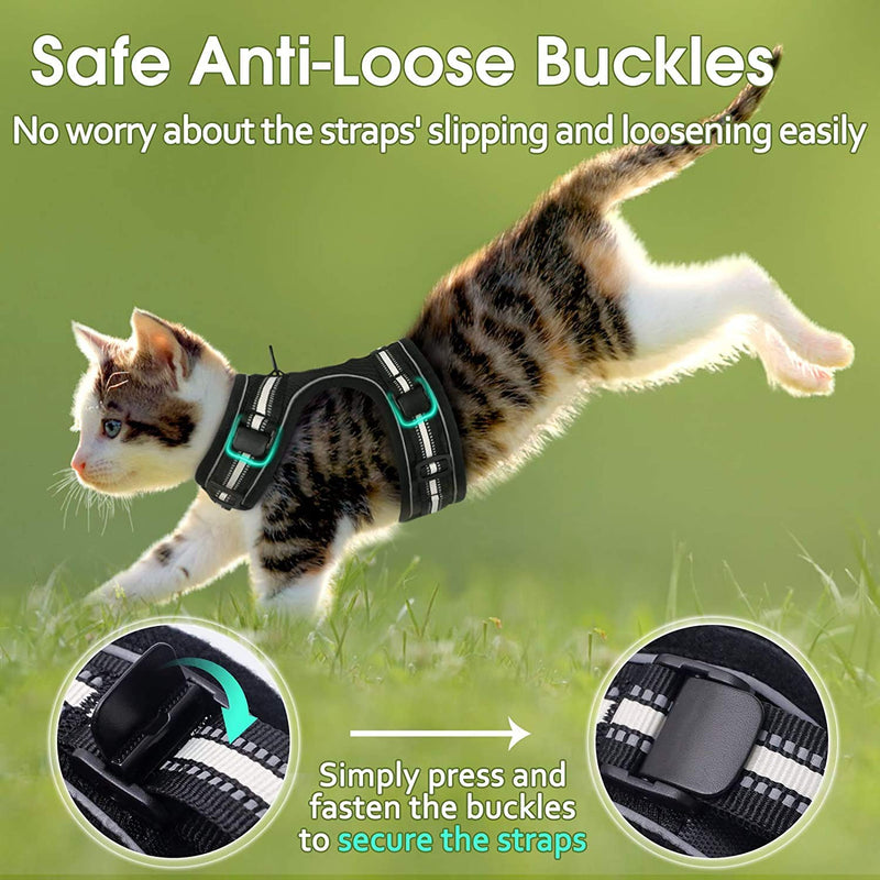 rabbitgoo Cat Harness and Leash for Walking Escape Proof, Adjustable Vest with Reflective Strip for Small Medium Cats, Comfortable Pet Jacket for Safety Outdoor Activity, Black, S(Chest:9.3" - 16.0") - PawsPlanet Australia