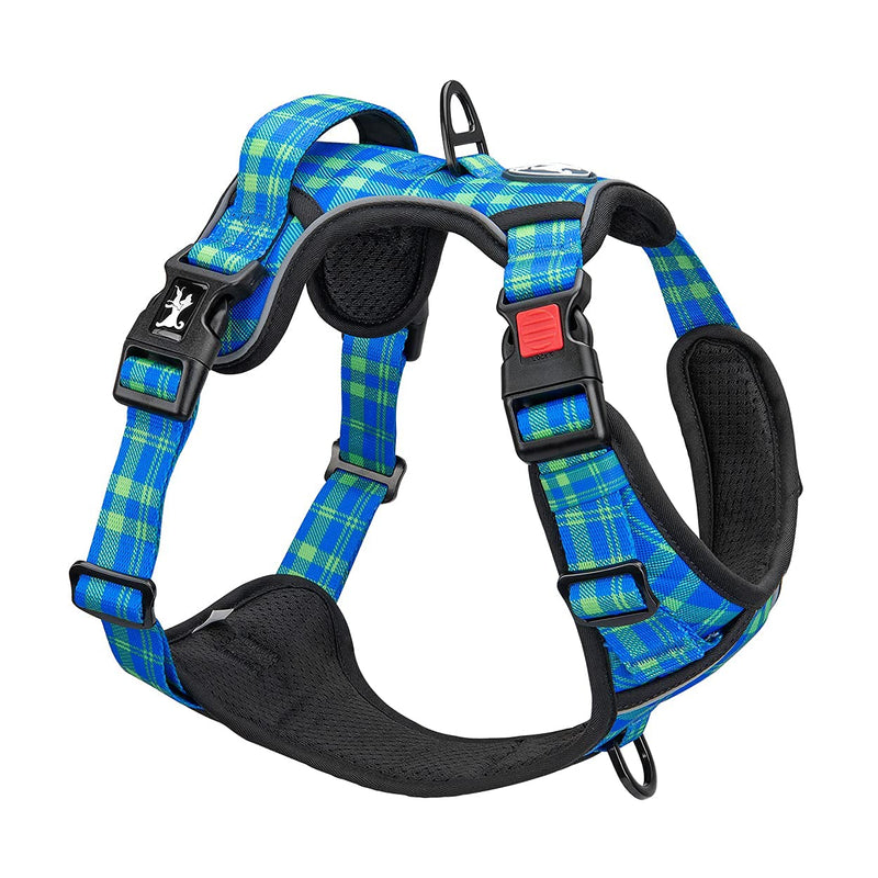 PoyPet No Pull Dog Harness, [Release on Neck] Reflective Adjustable No Choke Pet Vest with Front & Back 2 Leash Attachments, Soft Control Training Handle for Small Dogs(Checkered Blue & Green,XS) XS (Pack of 1) Checkered Blue & Green - PawsPlanet Australia