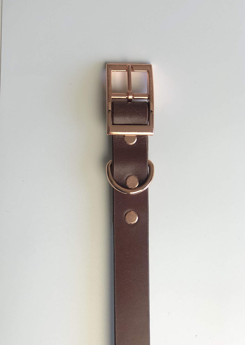 AUSTRALIAN NUT (MAHOGANY BROWN) ITALIAN BRIDLE LEATHER LUXURY HANDMADE DOG COLLAR LARGE 19"-23" 48CM-58CM WITH ROSE GOLD ACCESSORIES AND RIVETS - PawsPlanet Australia