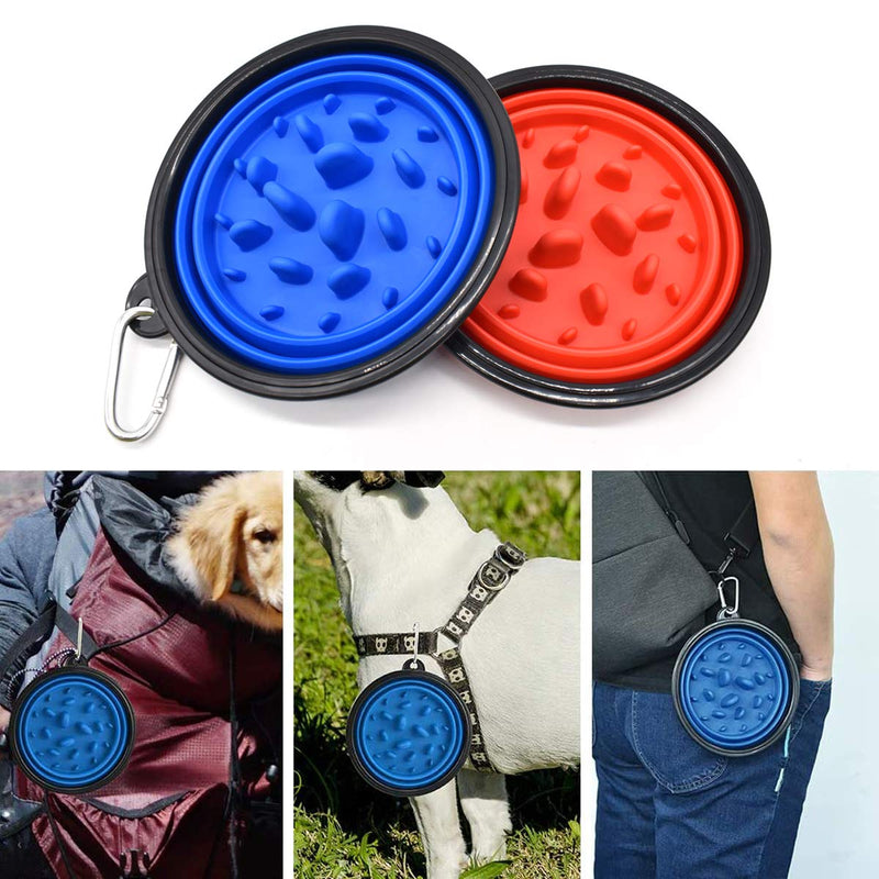 Liwein Collapsible Dog Bowl,2 Slow Feeder Dog Bowl Large Silicone Portable Pet Cat Travel Food Water Bowl with Carabiner Clips for Outdoor Camping Hiking (Blue+Red) - PawsPlanet Australia