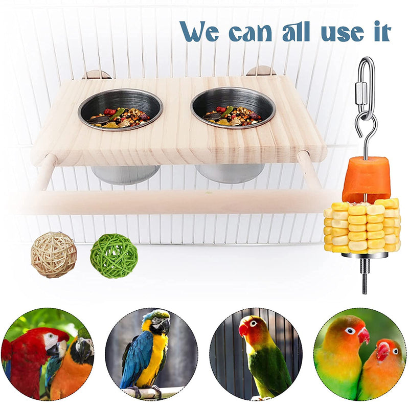 Calymmny Bird Feeding Dish Cups with Wooden Platform, Hanging Stainless Steel Parrot Cage Feeder Water Bowl with Hanging Food Holder Chewing Balls for Parakeet Cockatiels Lovebirds Budgie Pigeons - PawsPlanet Australia