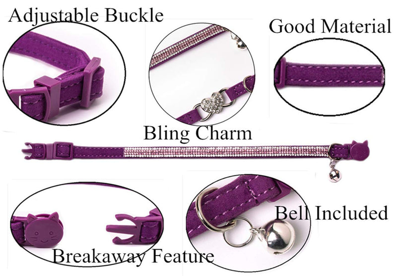 BoomBone Rhinestone Cat Breakaway Collar Pack of 2 Purple Kitten Collars with Bell - PawsPlanet Australia