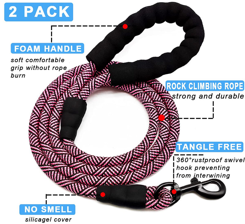 Mycicy 2 Pack 5 FT Small Dog Leads with Comfortable Padded Handle, Climbing Rope Dog Leads Leash for Small Puppy Dogs, Cats Camping, Training, Playing, Hiking 5ft x 1/4" Black+Pink - PawsPlanet Australia