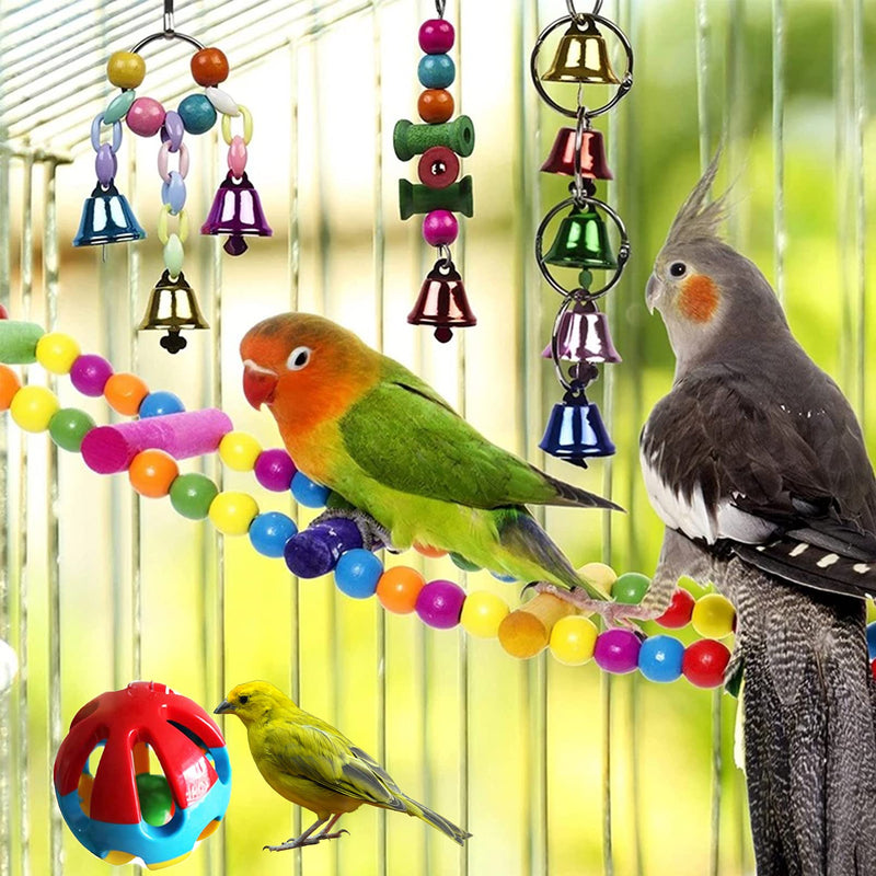 Hamiledyi Bird Parrot Swing Chewing Toy Set 15PCS Wooden Hanging Bell with Hammock Climbing Ladders Colorful Pet Birds Cage Toys for Small Parakeet Cockatiel Conures Finches Budgie Macaws Love Birds - PawsPlanet Australia