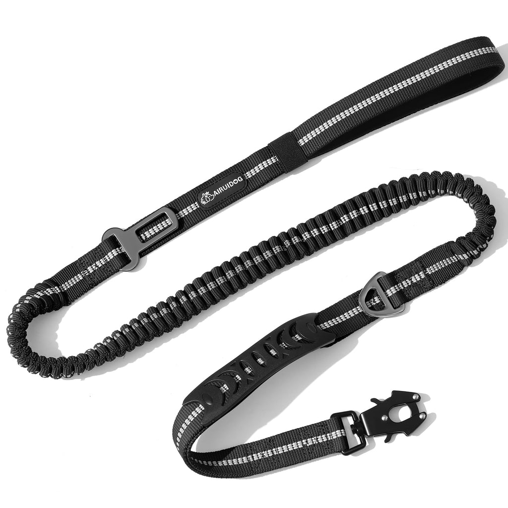AIRUIDOG Heavy Duty Tactical Bungee Dog Leash, 4-6FT Shock Absorbing Tactical Dog Leash with 2 Padded Handles, Metal Carabiner Clip,Car Seatbelt, Reflective Dog Leash for Medium Large Dogs (Black) Black - PawsPlanet Australia