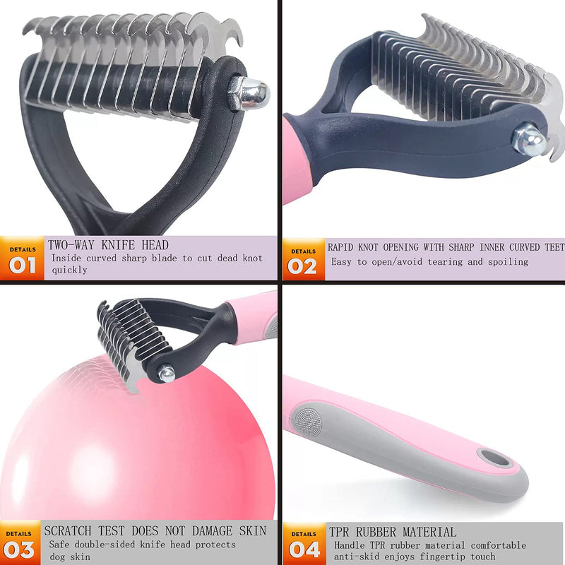 MMSGA Dog Hair Comb Stripper, Cat Dog Detangling Combs, Pet Grooming Tool, Double Sided Fur and Dematting Rake Comb for Dogs and Cats, Cat and Dog Flea Comb Set (Large, Pink) Large - PawsPlanet Australia