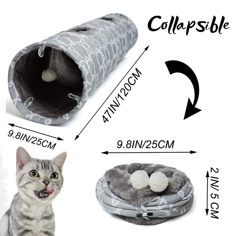 LUCKITTY Large Cat Toys Collapsible Tunnel Tube with Plush Balls, for Rabbits, Kittens, Ferrets,Puppy and Dogs Grey-White - PawsPlanet Australia