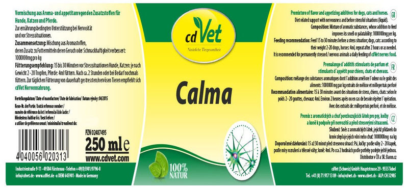 cdVet Naturprodukte Calma 250 ml - Dog, cat, horse - Complementary feed - nervousness - stress - tension - emotional + physical resilience - support - mind-regulating - 8.45fl.oz - PawsPlanet Australia