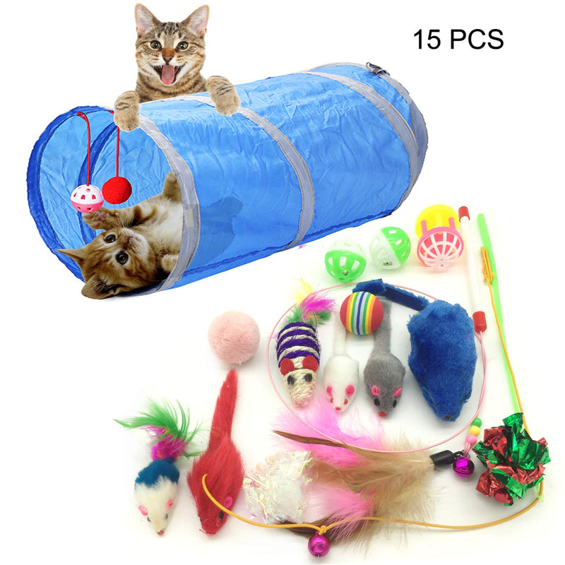 PietyPet Cat Toys Kitten Catnip Toys, Interactive Feather Teaser, Fluffy Mouse, Crinkle Rainbow Balls Bells Toys for Puppy Kitty, 2 Way Tunnel Tunnel toys 15pcs - PawsPlanet Australia