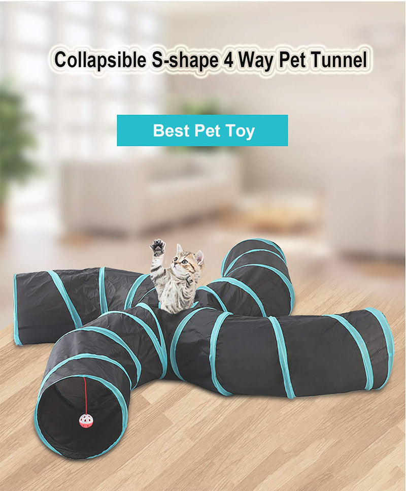 Lightweight Collapsible 5 Way Cat Tunnel with Pompom and Bells,Interactive Crinkle Pop Up Maze House Toy for Cat,Small Rabbits,Kittens,Puppy, Ferrets, Guinea Pig (4 way S-shape, Blue/Black) 4 way S-shape Blue/Black - PawsPlanet Australia