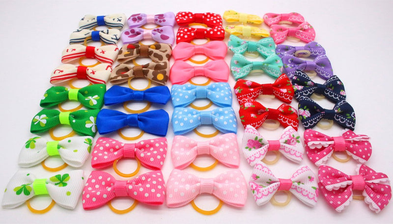 HOLLIHI 40 Pcs Adorable Grosgrain Ribbon Pet Dog Hair Bows with Elastics Ties - Stretchy Rubber Bands Doggy Kitty Topknot Grooming Accessories Set for Long Hair Puppy Cat - PawsPlanet Australia