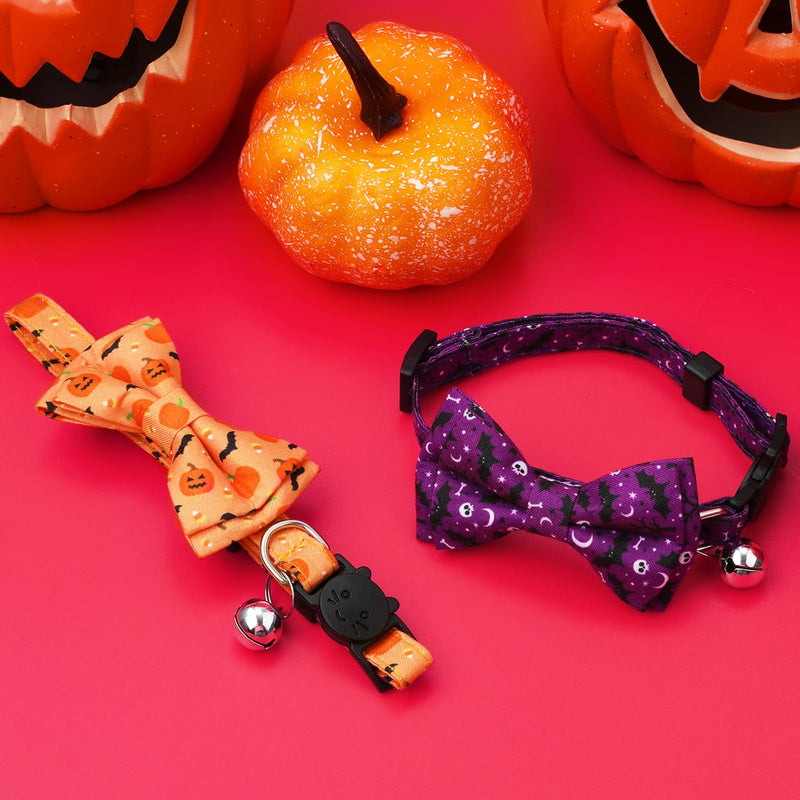 SAVITA 2pcs Halloween Cat Collar, Adjustable Cat Collar with Bow Printed Pumpkin Bats Pattern Cat Collar Breakaway with Silver Bell Cute Collar for Kittens Puppies - PawsPlanet Australia