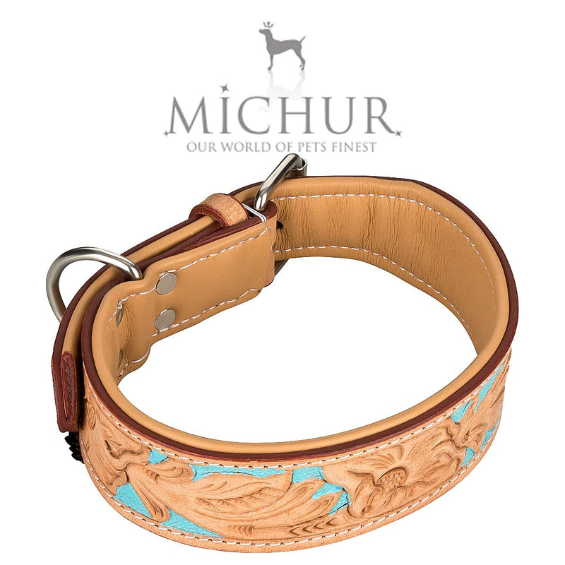 MICHUR Mariano Dog Collar Leather, Leather Collar Dog, Collar, Beige Blue Brown, LEATHER, with stamped floral patterns Neck circumference 16.14-19.29" - PawsPlanet Australia