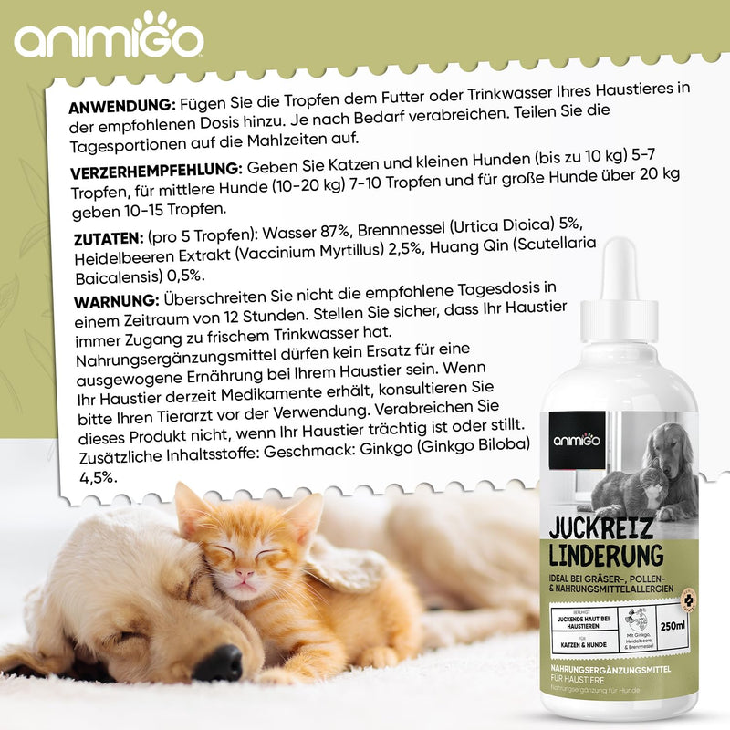 Animigo Anti-Itching Drops - 250ml Skin Care Agent with Ginkgo Biloba, Blueberry & Nettle for Dogs & Cats - Soothes Itchy Skin - Grooming & Relief for Grass & Pollen Allergies Itching Relief - 250ml Drops - PawsPlanet Australia