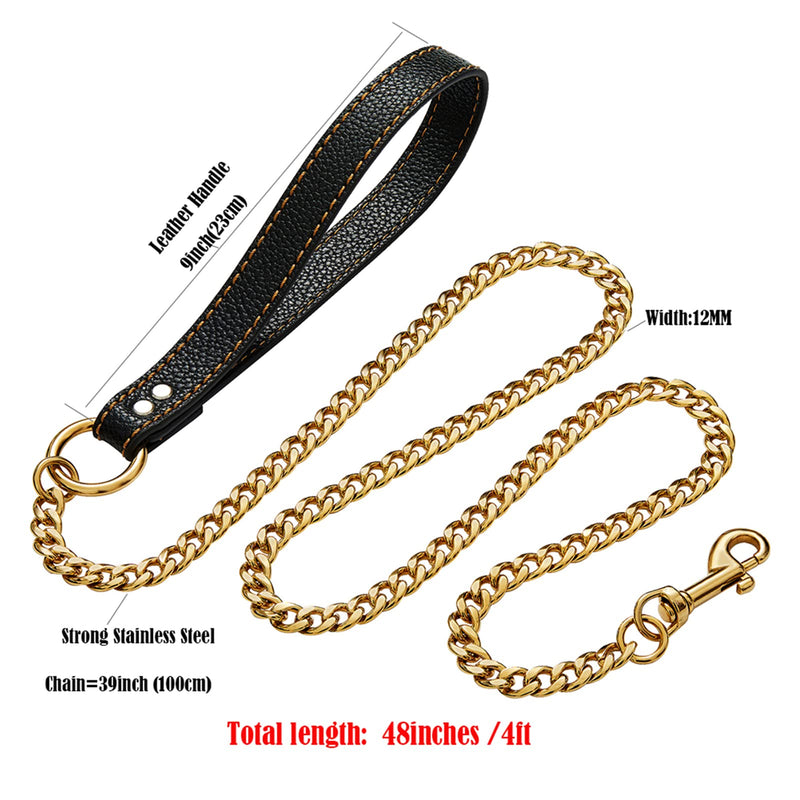 Strong Stainless Steel Gold Chain Dog Leash,with Leather Handle,12mm Width 18K Gold Plated NK Link Chain Leash,Metal Leash for Small Medium & Large Dogs 3ft (36 inch) - PawsPlanet Australia