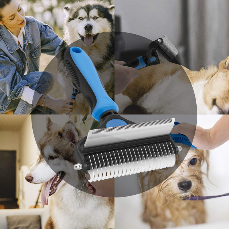 CGBE Dog Brush and Cat Brush, 2 in 1 Pet Undercoat Rake Grooming Tool for Deshedding, Mats & Tangles Removing, Shedding Brush and Dematting Comb for Large Small Dogs & Cats' Long & Short Hair Remover Large-Blue - PawsPlanet Australia