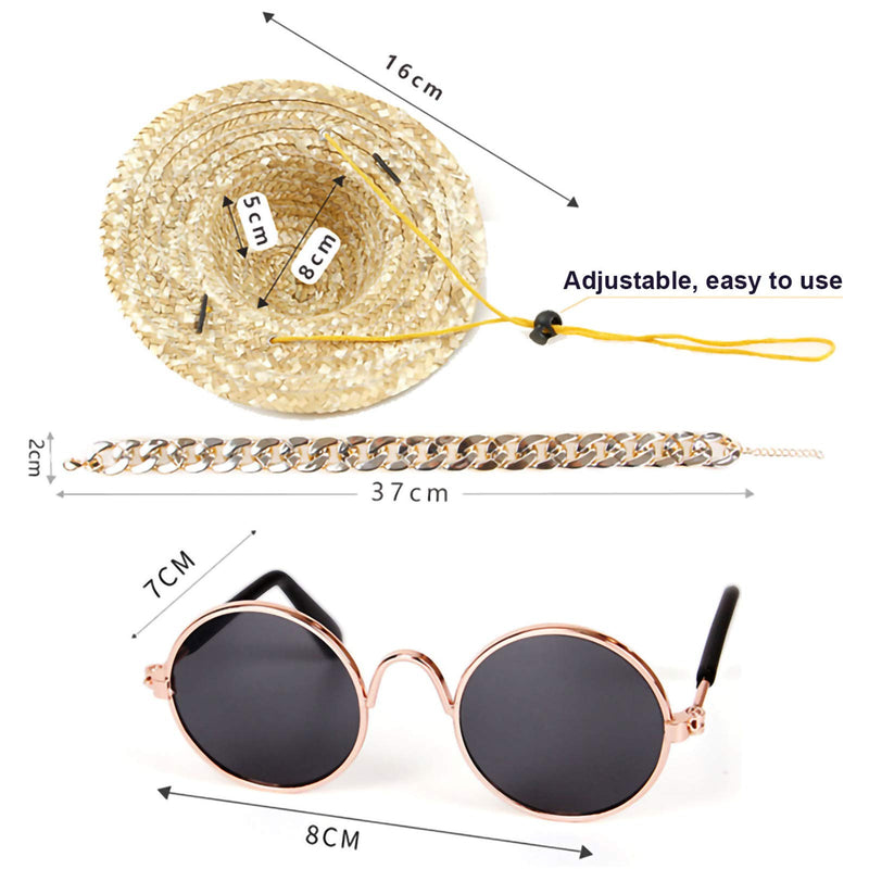 Jifanshi Sunglasses for Cats, 3 Pcs Cat Gold Chain + Cat Sunglasses + Cat Hat, Fashion Cool Pet Sunglasses Adjustable Pet Gold Chain Set for Cats and Small Dogs - PawsPlanet Australia