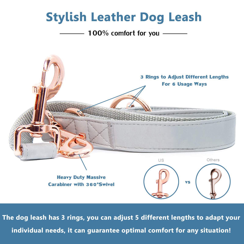 Runwing Dog Collar and Dog Leads(6.6') Set - Soft Vegan Leather with Rose Gold Metal Buckle, Adjustable 3 Lengths Leash for Small Medium Large Dogs Training & Walking(Grey;M(13.8"-19.7")) Grey;M(13.8"-19.7") - PawsPlanet Australia