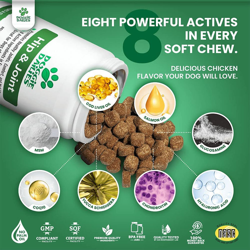 Doggie Dailies Glucosamine for Dogs, 225 Soft Chews, Advanced Hip and Joint Supplement for Dogs with Glucosamine, Chondroitin, MSM, Hyaluronic Acid and CoQ10, Premium Dog Glucosamine Chicken - PawsPlanet Australia