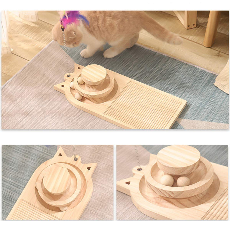 ZUKIBO Wooden Cat Scratching Turntable Post with 360° Rotating Interactive Balls and Cat Feather Toy, Pet Cat 3 Levels Towers Tracks Roller Ball Toy - PawsPlanet Australia