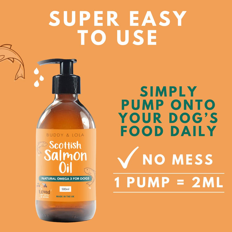 Buddy & Lola 100% Pure Food Grade Scottish Salmon Oil For Dogs Cats & Pets (500ml) - Natural Omega 3, 6 & 9 For a Shiny Coat, Better Skin & Joints, Less Itching and Improved Cognitive Health 500 ml (Pack of 1) - PawsPlanet Australia