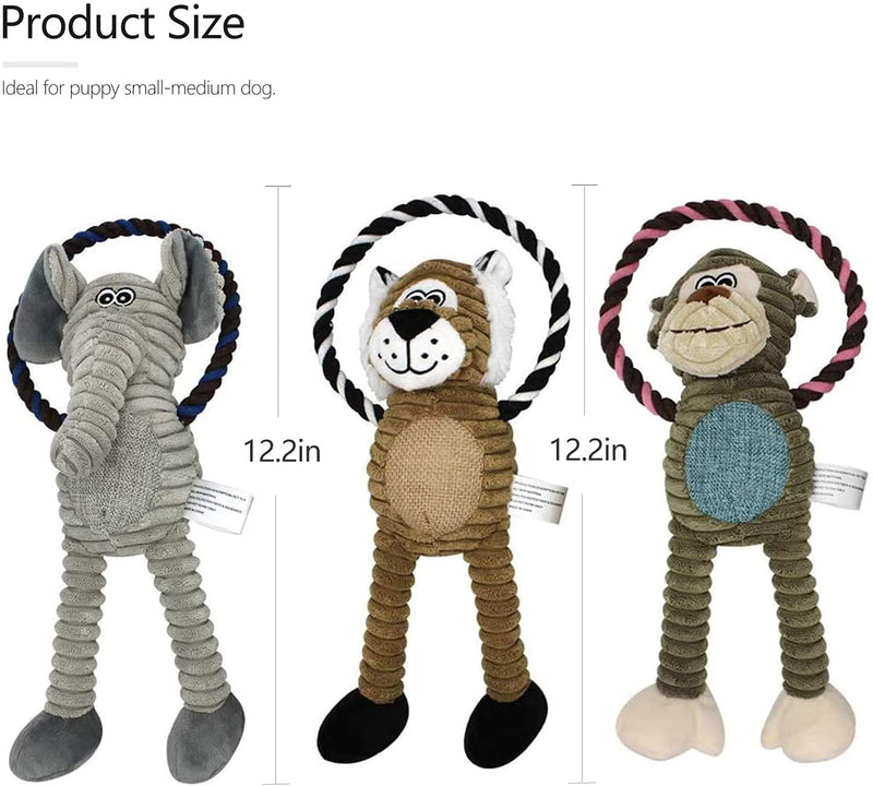 Newthinking Squeaky Dog Plush Toys, Interactive Dog Chew Toys for Boredom, Puppy Plush Toys with Rope for Small Medium Dogs, 3 Pack, Monkey, Elephant, Lion - PawsPlanet Australia