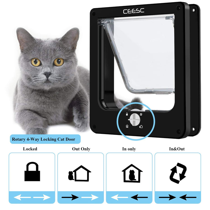 CEESC Cat Doors, Magnetic Pet Door with 4 - Way Rotary Lock for Cats, Kitties and Kittens, Upgraded Version M- Inner size: 6.18"(W) x 6.3"(H) Black - PawsPlanet Australia